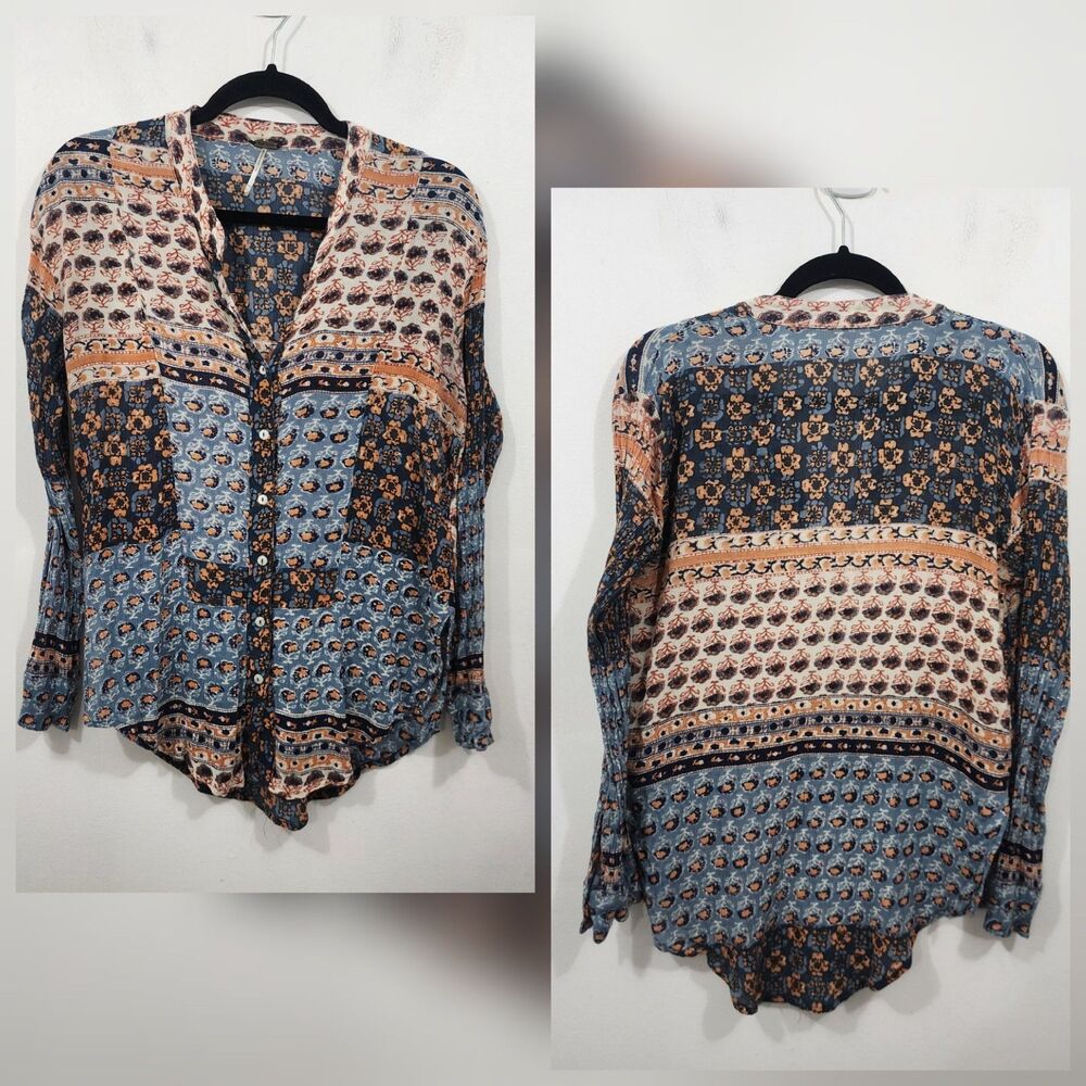 Free People Crepe Caravan Patchwork Mixed Print Button Down Top Blouse Womens XS
